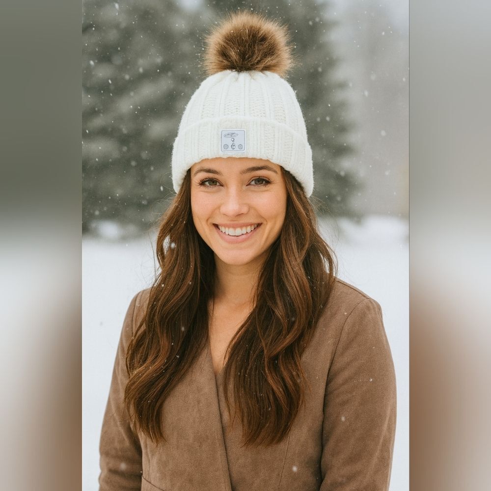 iLIVE-Wireless Knit Hat with Pom White Brown Warm Cozy Knit Hat with Bluetooth